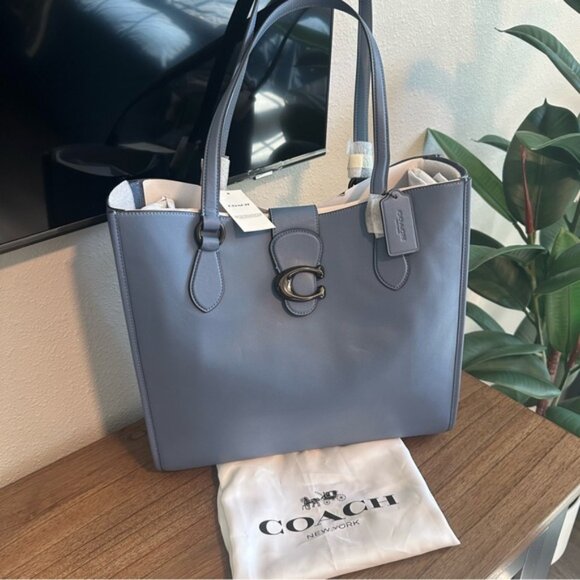 NWT - Coach Theo Leather Tote Bag in Pewter/Washed Chambray - Picture 1 of 11